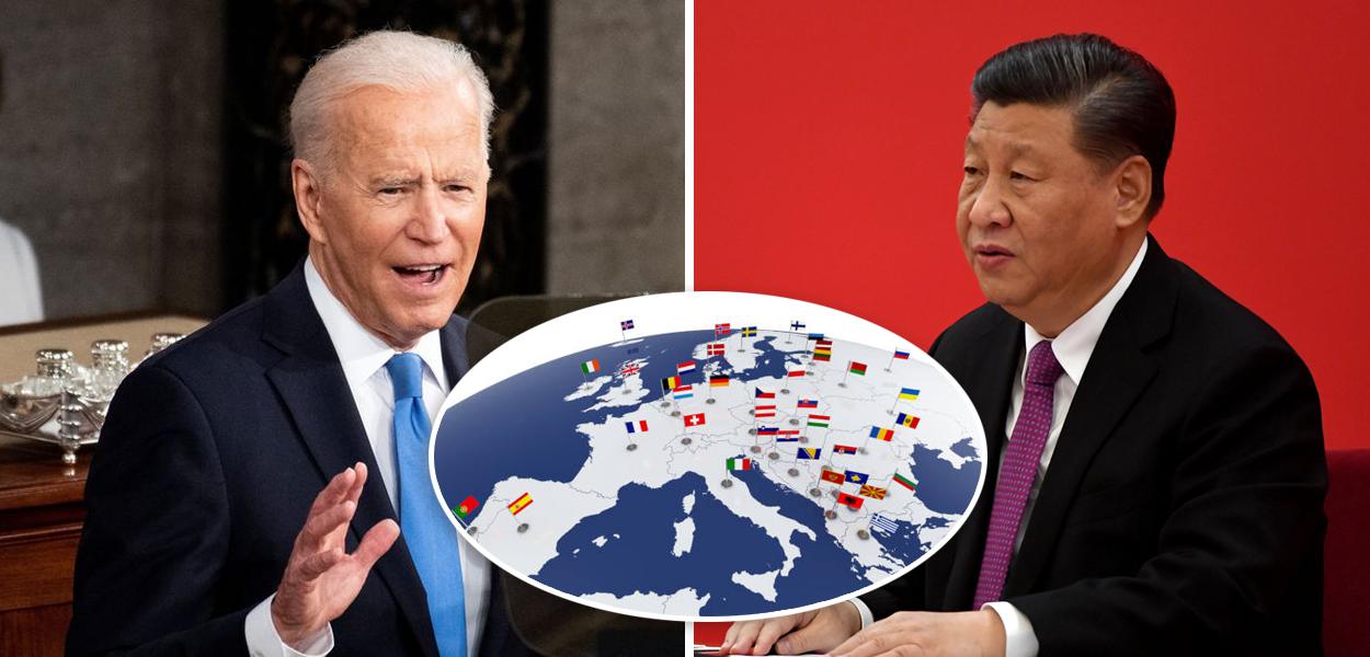 Presidentes dos EUA, Joe Biden, e da China, Xi Jinping, mais o mapa da Europa