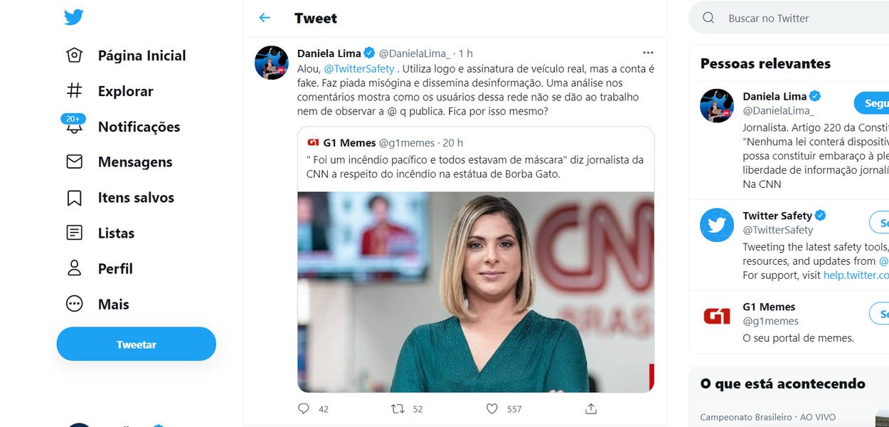 Daniela Lima denuncia conta fake no Twitter