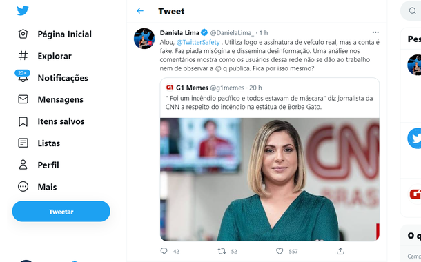 Daniela Lima denuncia conta fake no Twitter