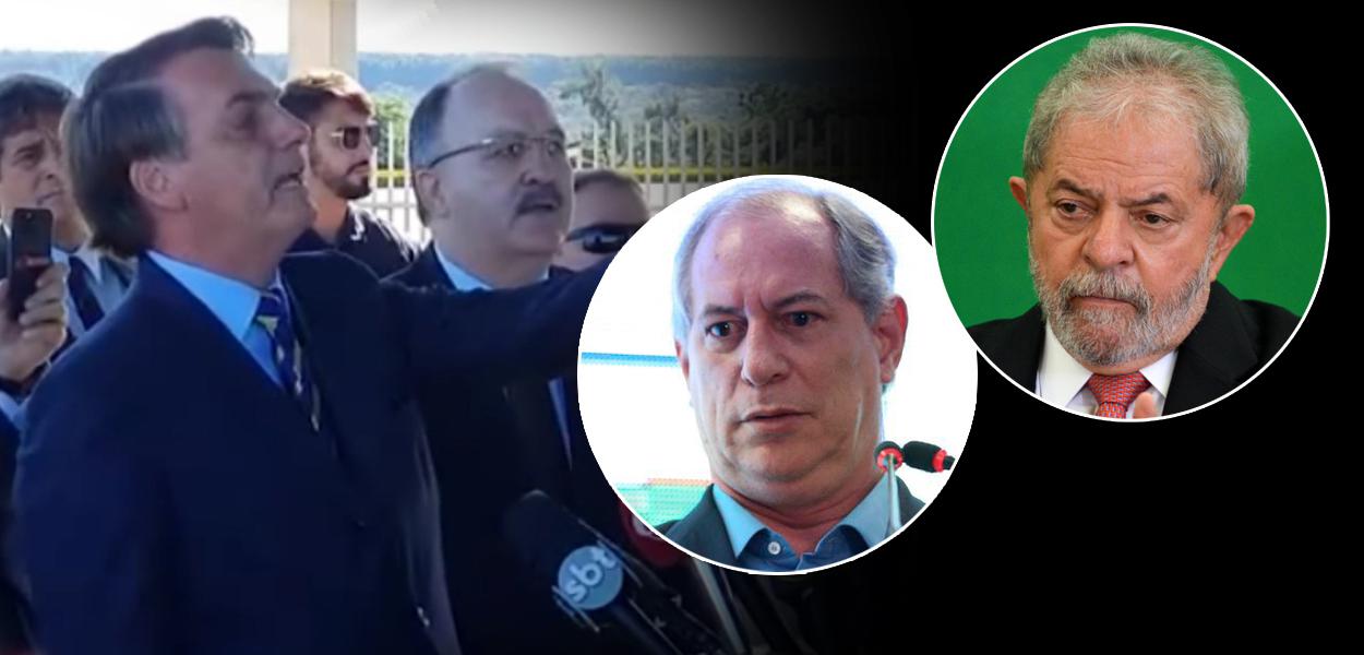 Jair Bolsonaro com apoiadores, ex-ministro Ciro Gomes e o ex-presidente Luiz Inácio Lula da Silva