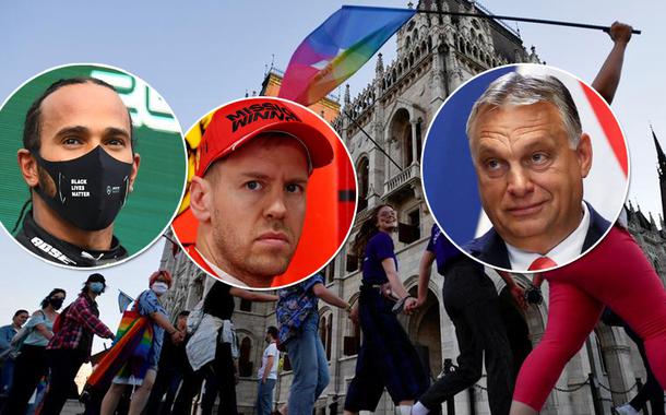 Pilotos Lewis Hamilton e Sebastian Vettel, e o primeiro-ministro da Hungria, Viktor Orbán