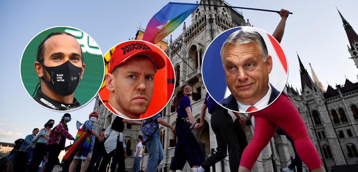 Pilotos Lewis Hamilton e Sebastian Vettel, e o primeiro-ministro da Hungria, Viktor Orbán