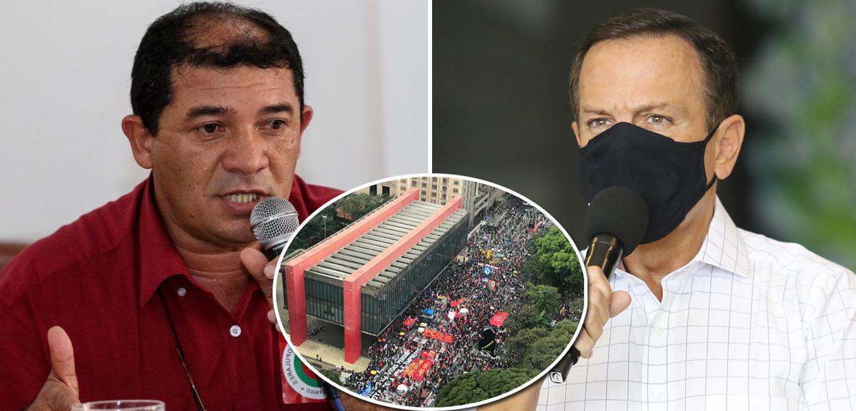 Coordenador nacional da Central de Movimentos Populares (CMP), Raimundo Bonfim, e o governador João Doria