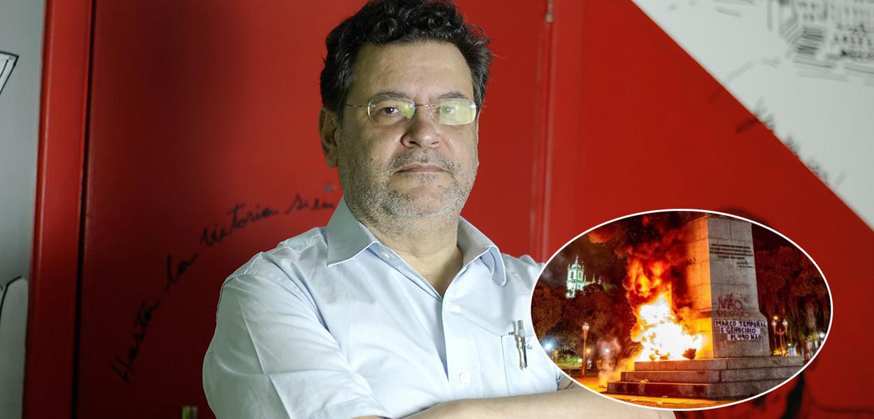 Presidente do PCO, Rui Costa Pimenta, e o incêndio contra a estátua de Pedro Álvares Cabral, no Rio