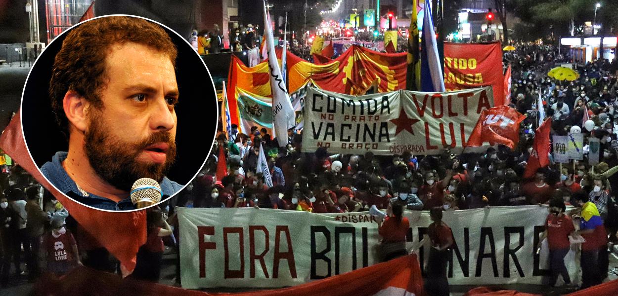 Líder do MTST, Guilherme Boulos, e um ato contra Jair Bolsonaro