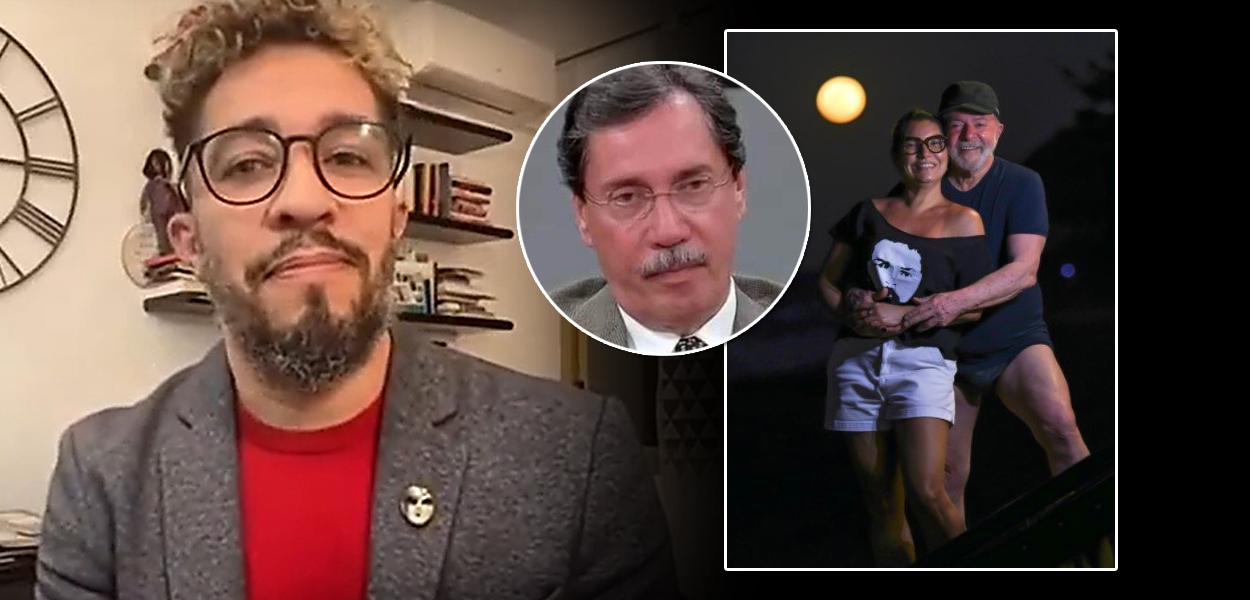 Ex-deputado Jean Wyllys, o jornalista Merval Pereira, e o ex-presidente Lula com sua namorada, Janja