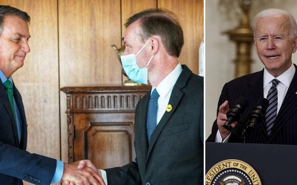 Bolsonaro em encontro com Jake Sullivan, na outra foto Joe Biden