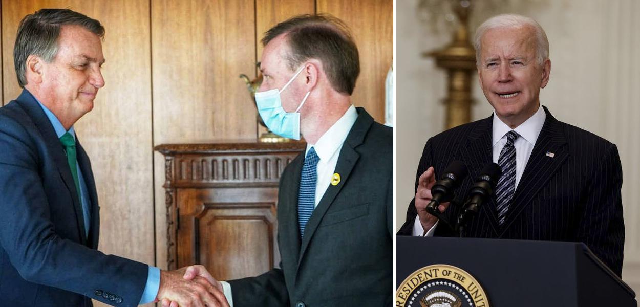 Bolsonaro em encontro com Jake Sullivan, na outra foto Joe Biden