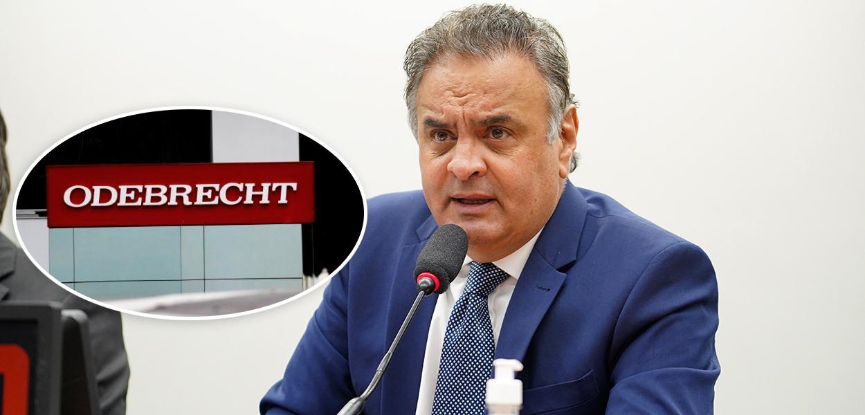 Fachada da Odebrecht e Aécio Neves