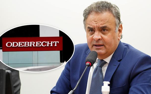 Fachada da Odebrecht e Aécio Neves