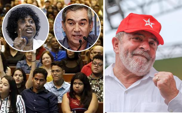 Deputada Benedita da Silva, ex-ministro Gilberto Carvalho, o ex-presidente Luiz Inácio Lula da Silva mais evangélicos ao fundo