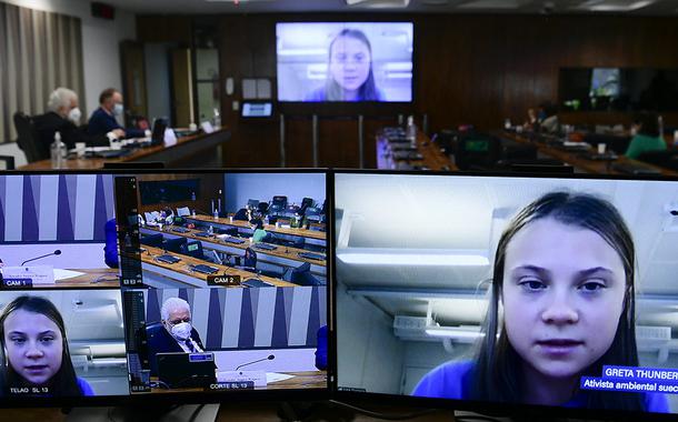 Ativista ambiental sueca Greta Thunberg, em pronunciamento via videoconferência.