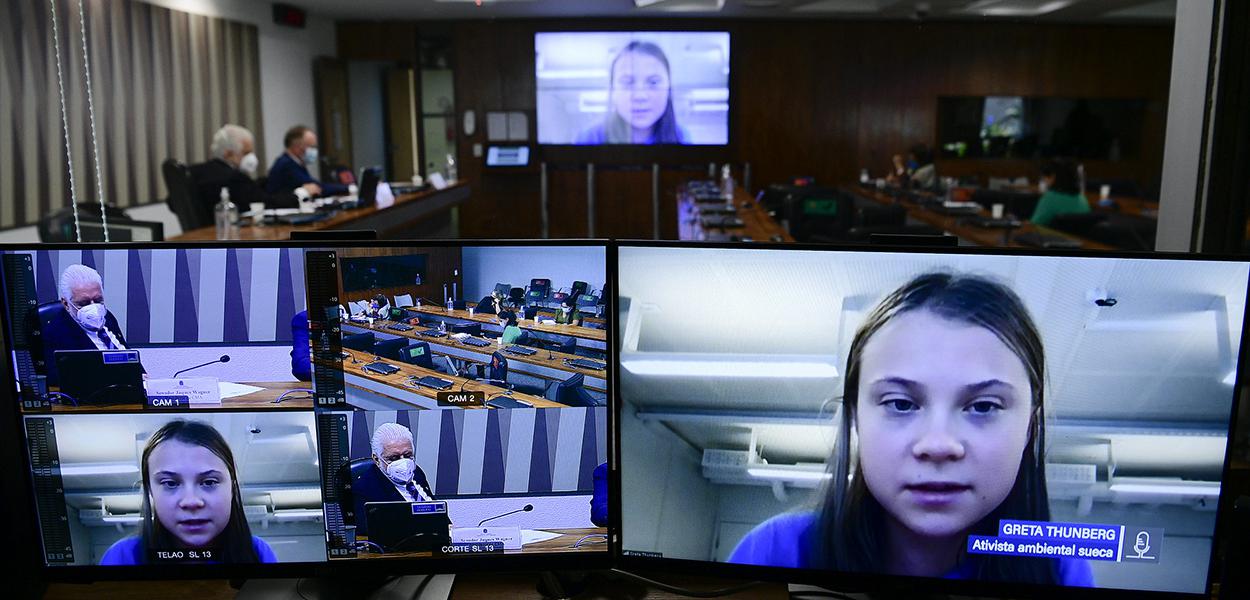 Ativista ambiental sueca Greta Thunberg, em pronunciamento via videoconferência.