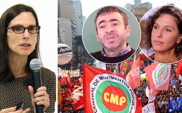 Historiadora Lilia Schwartz, filósofo Marcos Nobre e a cientista política Daniela Campello mais um ato contra Jair Bolsonaro ao fundo