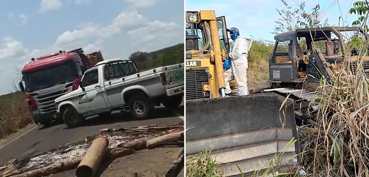 Barricada montada por funcionários de Stein e Silvano; e funcionários dos fazendeiros conduzindo os tratores