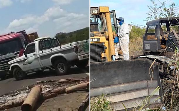 Barricada montada por funcionários de Stein e Silvano; e funcionários dos fazendeiros conduzindo os tratores