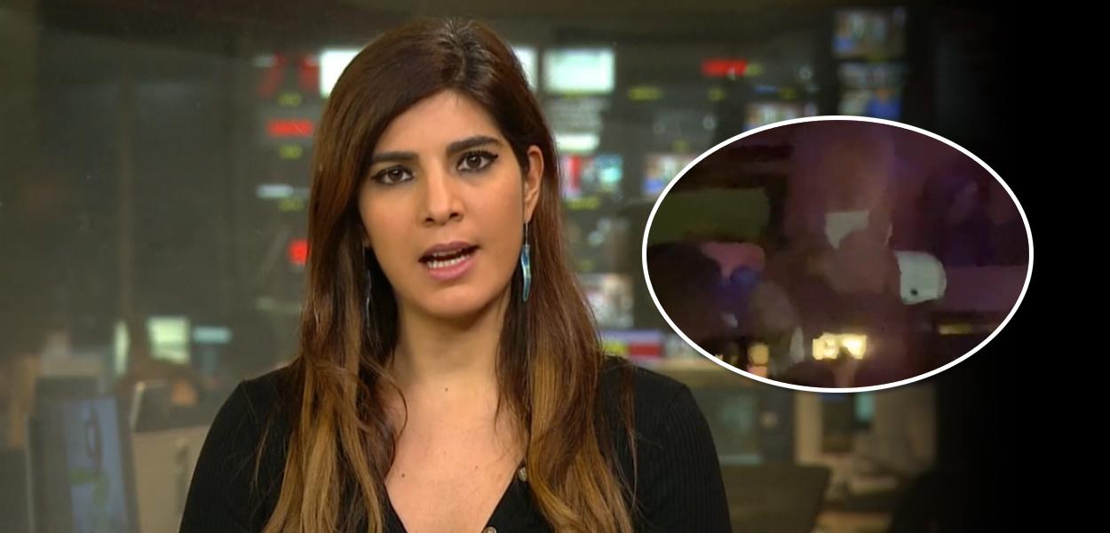Andréia Sadi e Queiroga fazendo gesto obsceno