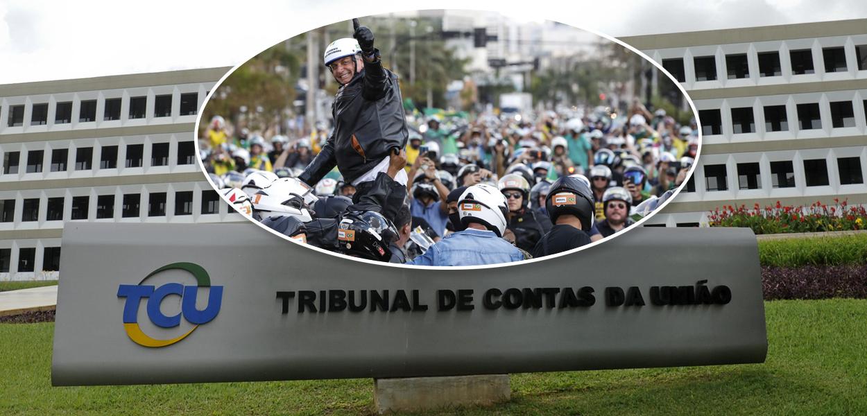 Fachada do TCU e Bolsonaro em motociata