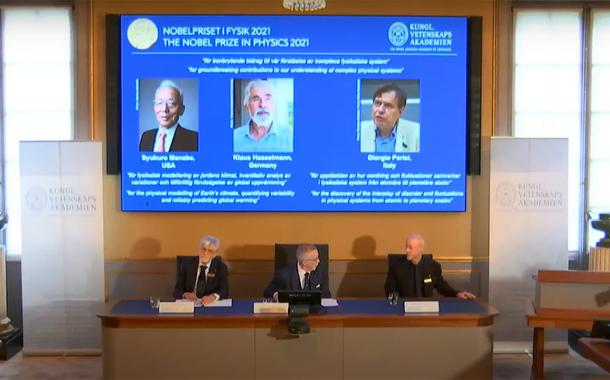 Pesquisadores Syukuro Manabe, dos EUA, Klaus Hasselmann, da Alemanha, e Giorgio Parisi