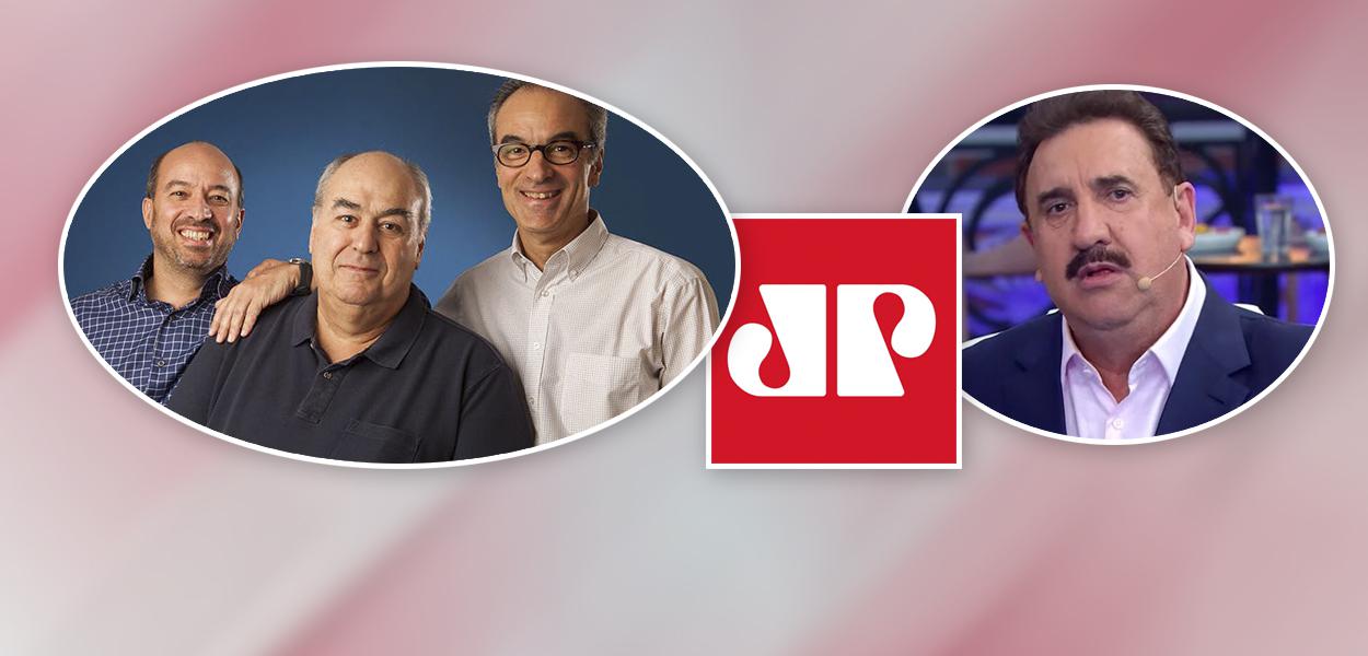 Família Marinho, logos da Jovem Pan e o apresentador Ratinho