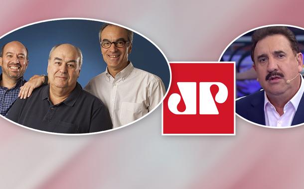 Família Marinho, logos da Jovem Pan e o apresentador Ratinho