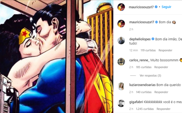 Maurício Souza posta imagem de Superman beijando Mulher Maravilha