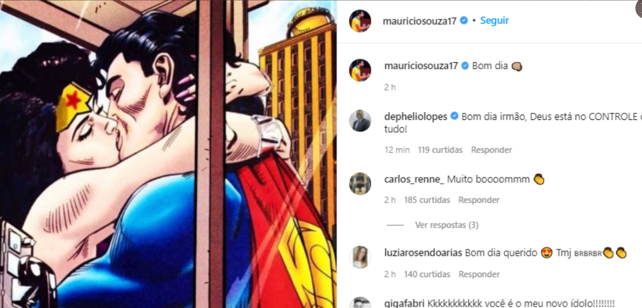 Maurício Souza posta imagem de Superman beijando Mulher Maravilha