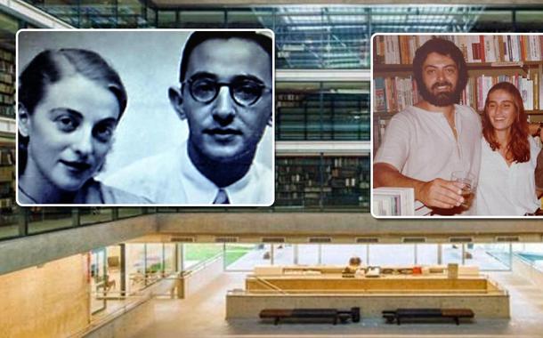 À esquerda, o casal Guida e José Mindlin; à direita, Florestan Fernandes Jr. e estudantes da PUC-SP