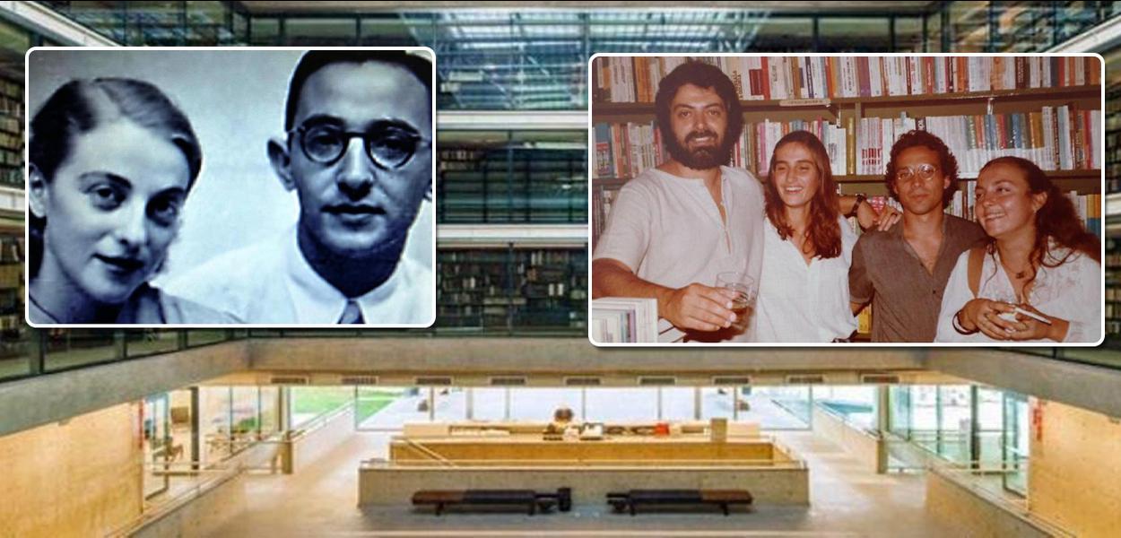 À esquerda, o casal Guida e José Mindlin; à direita, Florestan Fernandes Jr. e estudantes da PUC-SP