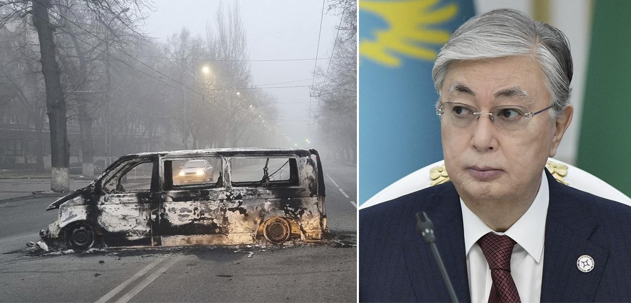 Veículo queimado durante protesto em Almaty, Cazaquistão e Kassym-Jomart Tokayev