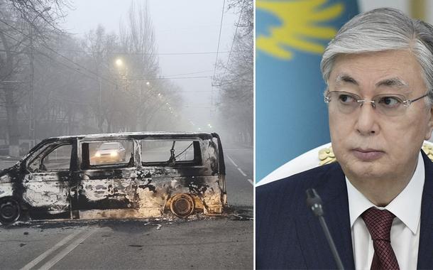 Veículo queimado durante protesto em Almaty, Cazaquistão e Kassym-Jomart Tokayev