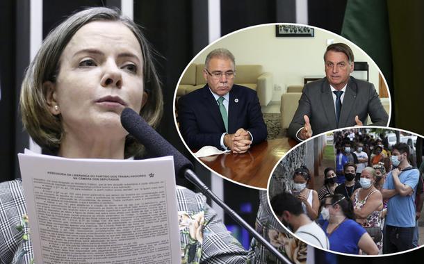 Gleisi Hoffmann, Queiroga com Bolsonaro e filas de pessoas com máscara para se proteger da Covid-19
