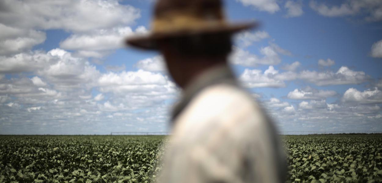 Agricultor em plantação de soja no Brasil