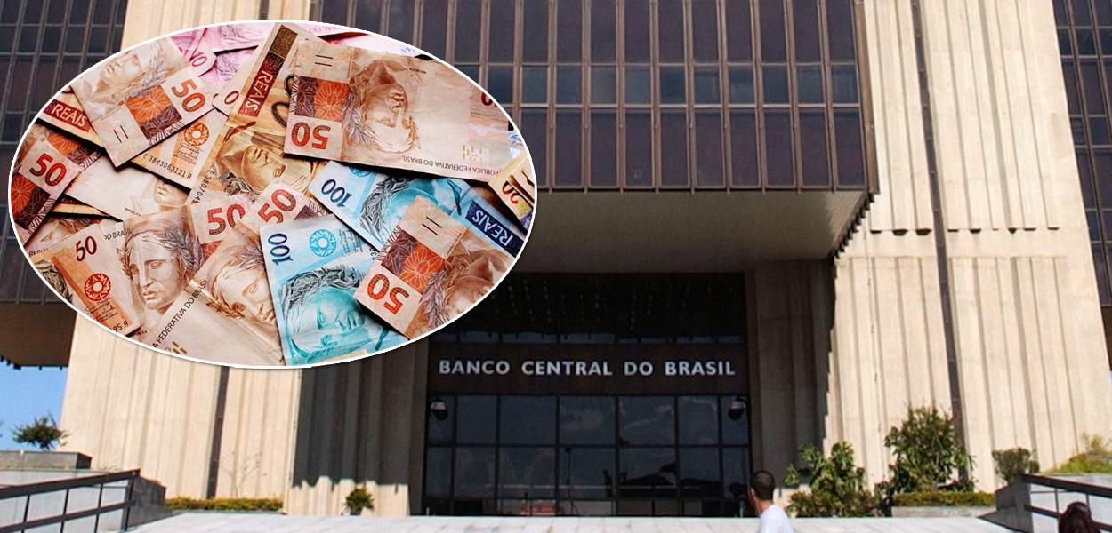 Notas de reais e fachada do Banco Central