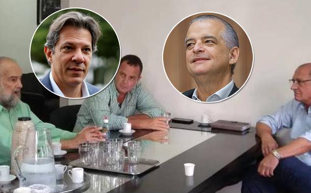 O presidente do PV, José Luiz Penna (de verde), Geraldo Alckmin, Fernando Haddad e Márcio França