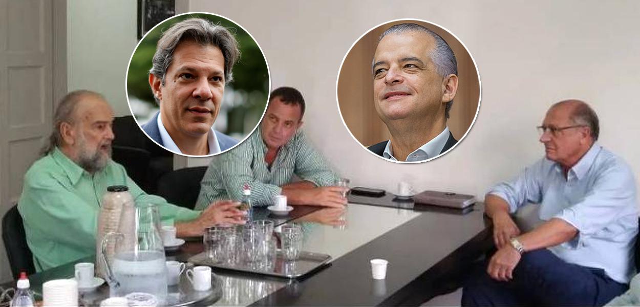 O presidente do PV, José Luiz Penna (de verde), Geraldo Alckmin, Fernando Haddad e Márcio França
