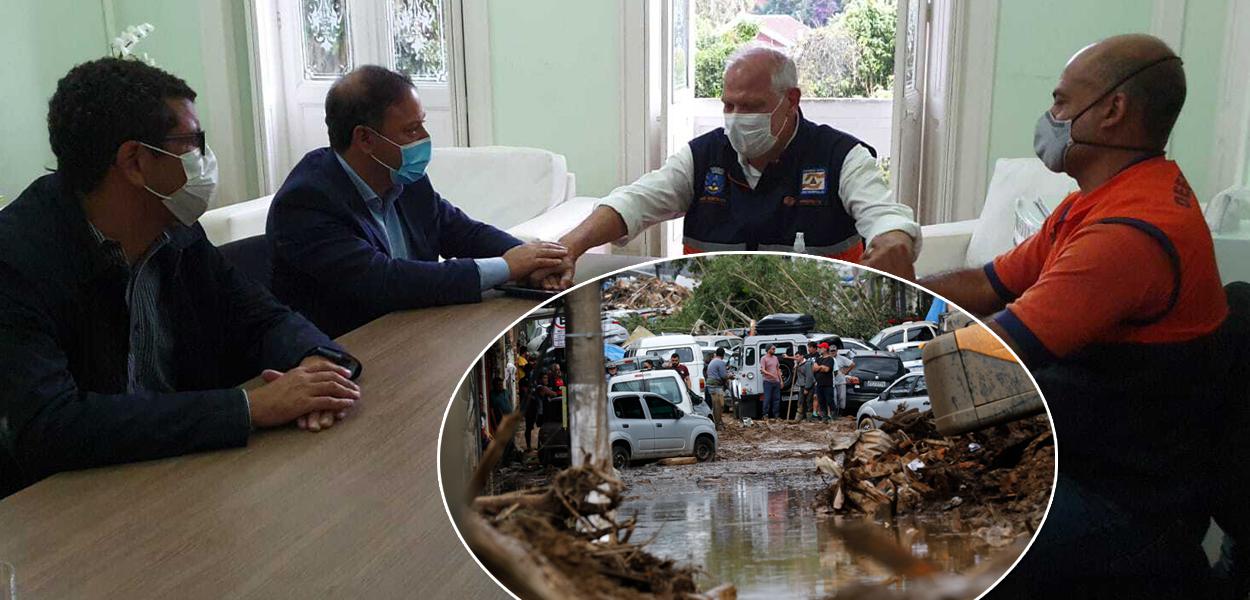 Rodrigo Neves (terno e máscara azul) em reunião com autoridades de Petrópolis