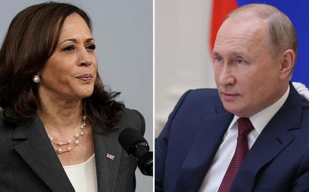 A vice-presidente dos Estados Unidos, Kamala Harris, e o presidente da Rússia, Vladimir Putin