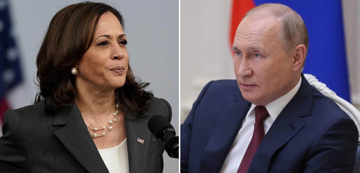A vice-presidente dos Estados Unidos, Kamala Harris, e o presidente da Rússia, Vladimir Putin