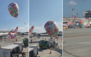 Balão com desenho do SBT cai no pátio do Aeroporto de Guarulhos