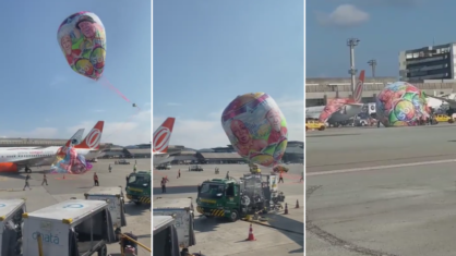 Balão com desenho do SBT cai no pátio do Aeroporto de Guarulhos