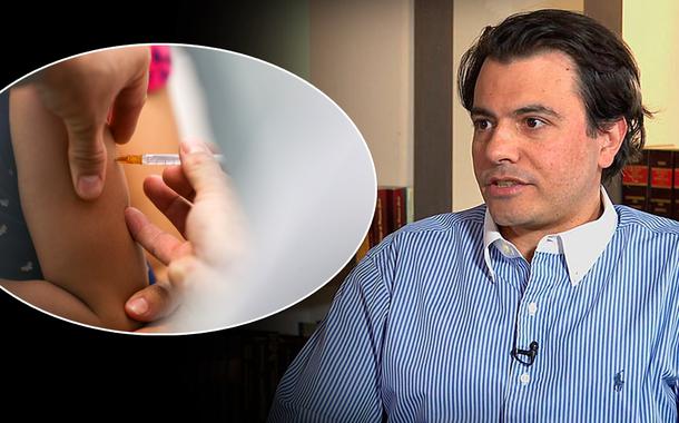 Criança sendo vacinada e o presidente do PTB em São Paulo, empresário Otávio Fakhoury