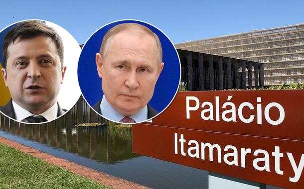 Presidentes Volodymyr Zelensky (Ucrânia), Vladimir Putin (Rússia) e o Itamaraty