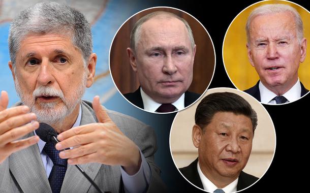 Ex-chanceler Celso Amorim e os presidentes Vladimir Putin (Rússia), Xi Jinping (China) e Joe Biden (EUA)