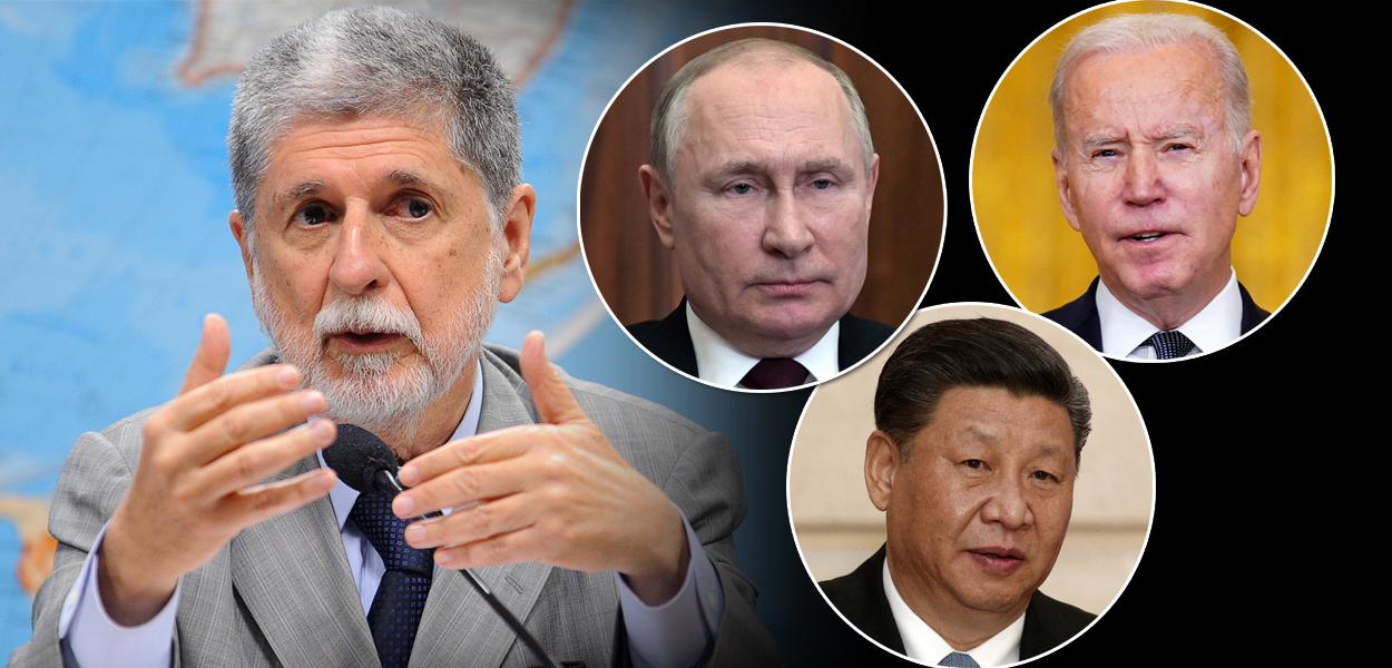Ex-chanceler Celso Amorim e os presidentes Vladimir Putin (Rússia), Xi Jinping (China) e Joe Biden (EUA)