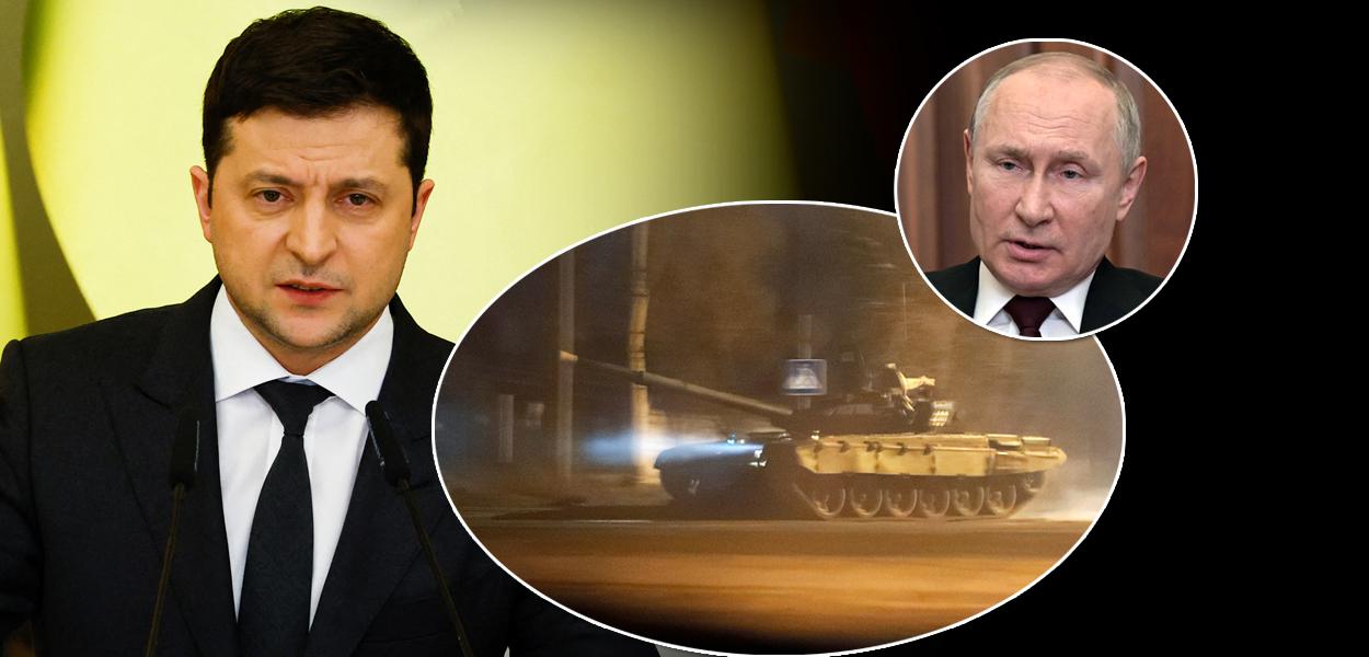 Presidentes Volodymyr Zelensky (Ucrânia), Vladimir Putin (Rússia) e a região de Donetsk