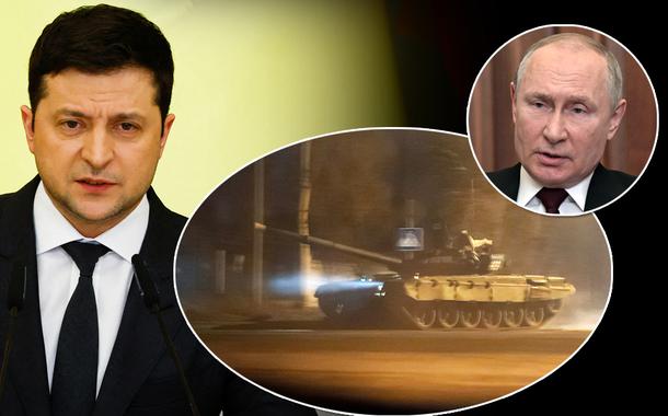 Presidentes Volodymyr Zelensky (Ucrânia), Vladimir Putin (Rússia) e a região separatista de Donetsk