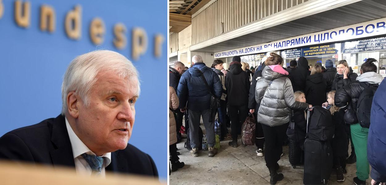 Horst Seehofer e pessoas fugindo da Ucrânia
