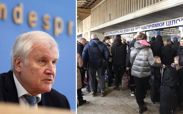 Horst Seehofer e pessoas fugindo da Ucrânia