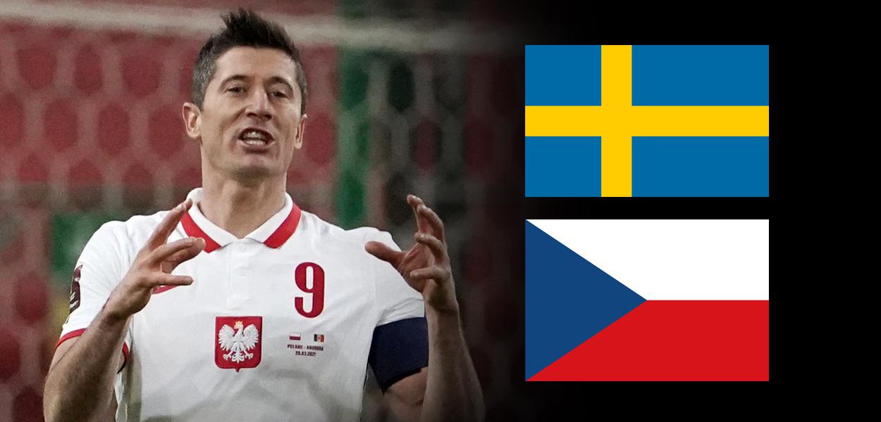 Robert Lewandowski, principal jogador da Polônia, e as bandeiras da Suécia e da República Tcheca